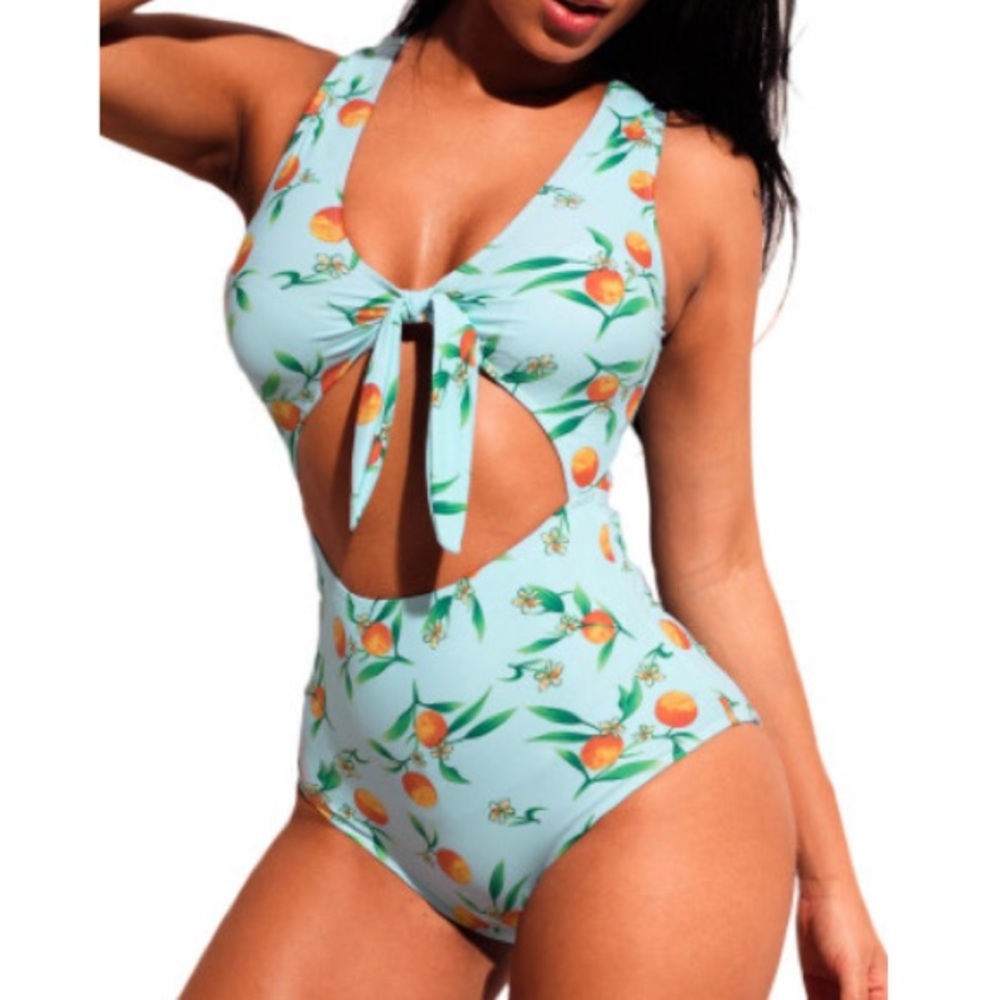 Lemon Print Tie-Front Cut Out One-Piece Swimsuit